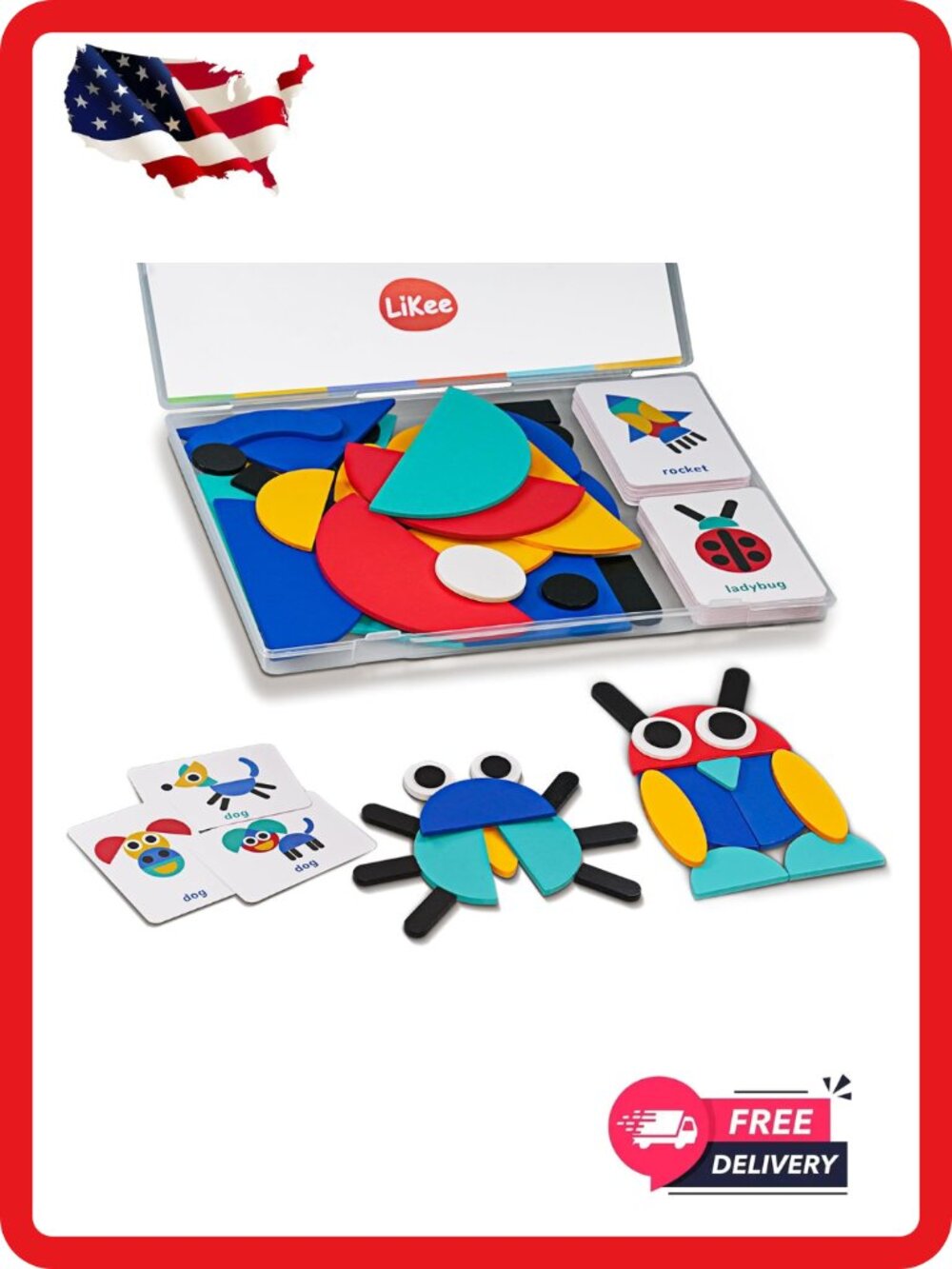 LiKee Wooden Shape Puzzle 36 Blocks & 60 Cards Montessori Toy for Kids 3+